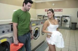 Asian babe with big hooters London Keye has wild sex in the laundry on fanspics.net