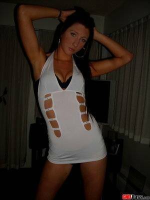 Sky strips out of her slutty white stripper dress that she wore to the club on fanspics.net