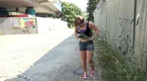 White girl pulls down her panties before squatting for a piss on country road on fanspics.net