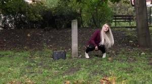 Dirty blonde female can't hold her pee any longer and pisses in public park on fanspics.net