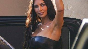 Kim Kardashian Leaves Jimmy Kimmel Live in a Sexy Leather Bandeau Top on fanspics.net