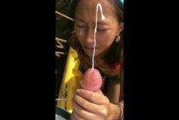 Tiny Asian gets covered in Cum on fanspics.net