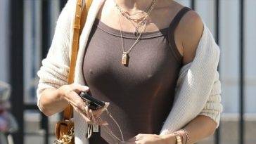 Alessandra Ambrosio Reveals Her Assets Under a Brown Tank as She Arrives at a Shoot in LA on fanspics.net