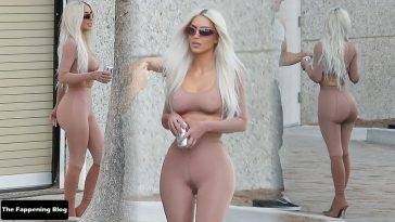 Kim Kardashian Gets Risque in a Sheer SKIMS Cropped Top and Leggings in Calabasas on fanspics.net