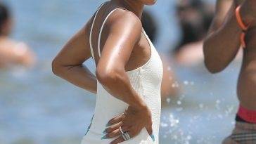 Karrueche Tran Looks Incredible in a White Swimsuit on the Beach in Miami on fanspics.net