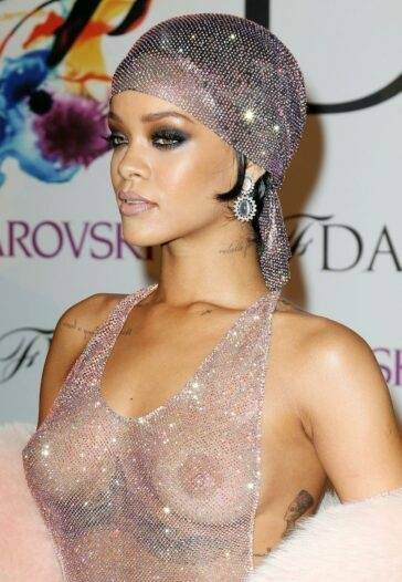 Rihanna Nude Sheer Sequin Dress Nip Slip  - Barbados on fanspics.net