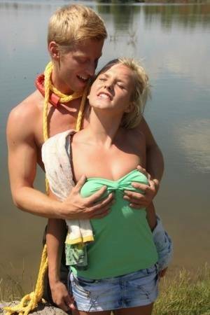 Hot blonde girlfriend gets peeled and poked doggystyle with outdoor cum facial on fanspics.net