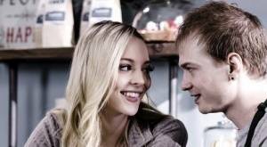 Young blonde Lily Larimar has sex with a guy while they're working in cafe on fanspics.net