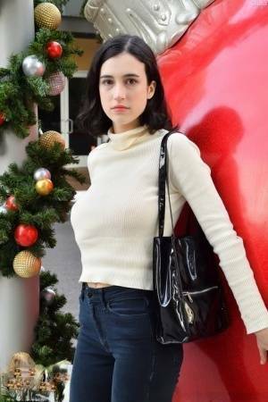 Brunette chick Giulia flashes her tits in public before masturbating at home on fanspics.net