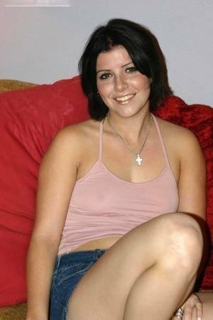 Brunette amateur Brin slides panties aside to show her bald pussy on fanspics.net